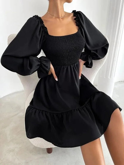 Women's Dress Simple Square Neck Solid Color Long Sleeve Dress Parallel Crepe Seam Body Bell Sleeves Ruffle Hem Dress Women