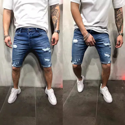 Summer Ripped Jeans Skinny Denim Shorts for Men with Distressed Ripped Cat Whiskers Hip Hop Streetwear Short Pants Men's Pants