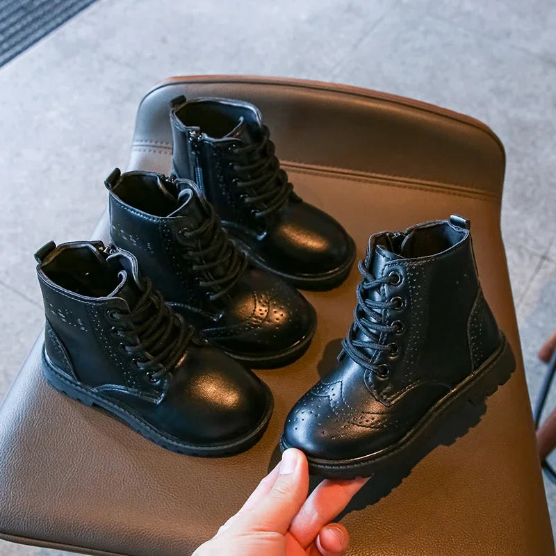 Kids Casual Boots PU Leather Black Zipper for Boys Girls Cross-tied Children Ankle High Boots Anti-skid Round Toes Soft Quality