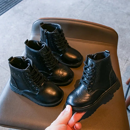 Kids Casual Boots PU Leather Black Zipper for Boys Girls Cross-tied Children Ankle High Boots Anti-skid Round Toes Soft Quality