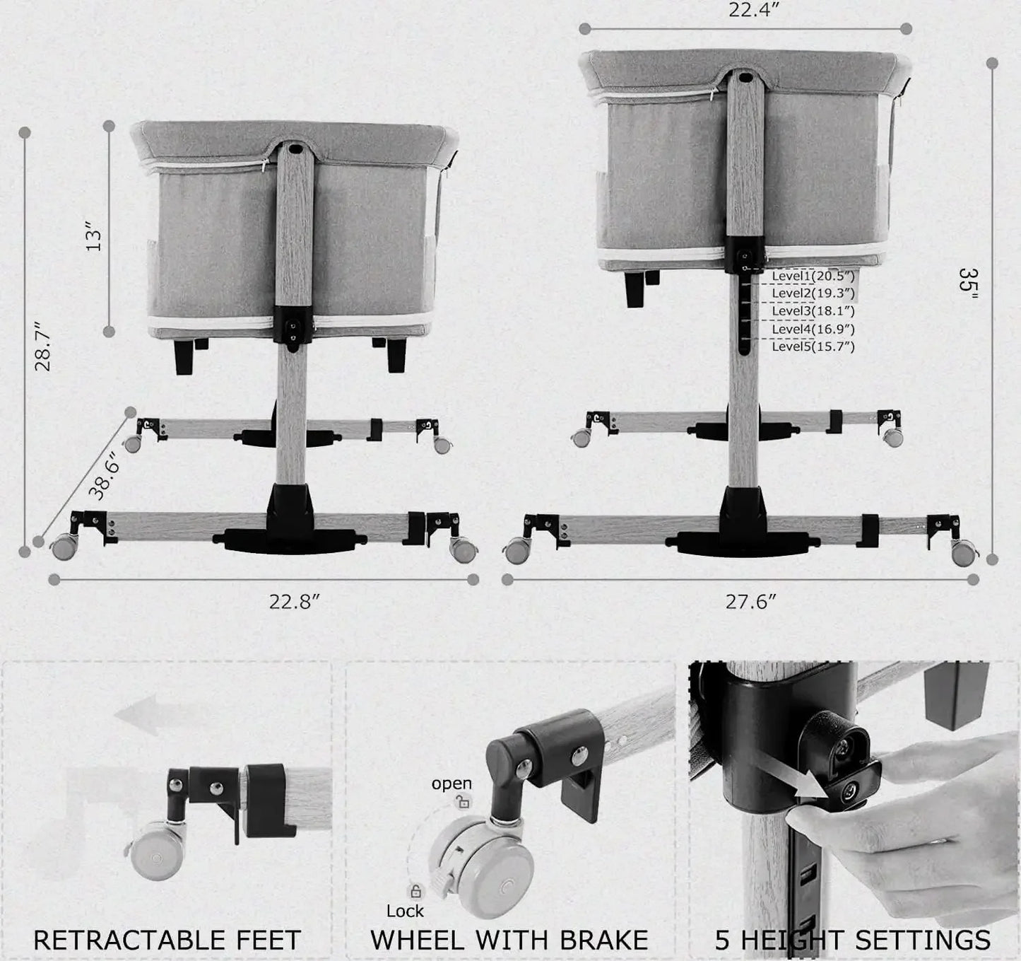 3 in 1 Baby Crib Adjustable Portable Bed for Infant, Baby Bassinet with Mosquito net Baby Newborn Must Have Bed, Grey