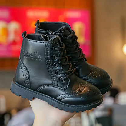 Kids Casual Boots PU Leather Black Zipper for Boys Girls Cross-tied Children Ankle High Boots Anti-skid Round Toes Soft Quality