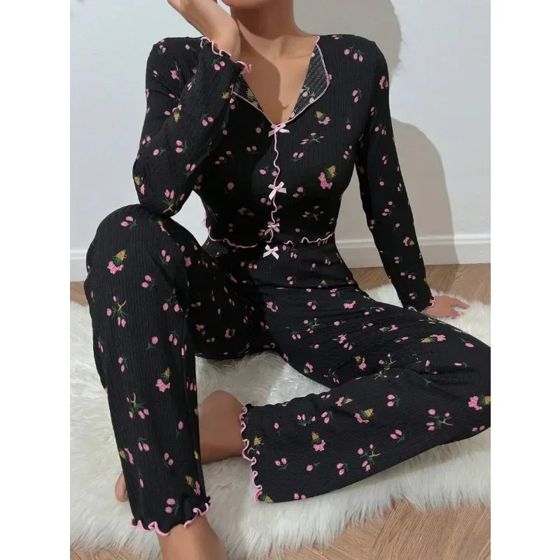 Women Sleepwear Autumn Winter Floral Print Pajamas Set Long Sleeve Top and Long Pants 2 Piece Casual Home wear Loungewear