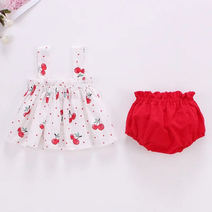 Baby Summer Dress Suit Baby Girl Clothes 0-2 Years Infant Toddler Cherry Sling Dress Bread Pants Two-piece Clothing Set