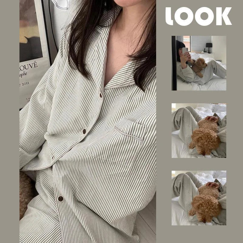 Striped Sleepwear Women Pajama Sets Korean Pajama Autumn Pants Sets for Women 2 Pieces Button Night Wears Long Sleeve Home Suit
