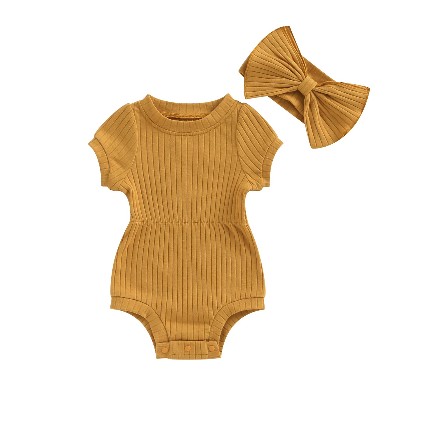 Newborn Baby Girl Clothes Solid Color Ribbed Knit Short Sleeve Romper Bodysuit Jumpsuit with Headband Summer Outfit
