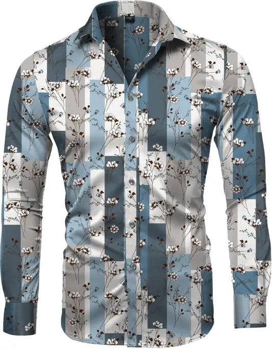 Fashion Irregular Plaid Flower Print Men's Long Sleeve Shirt Casual Party Street Hawaiian Polo Collar Shirt