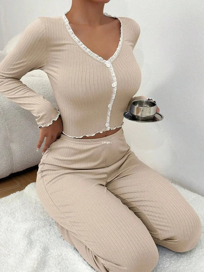 2025 Autumn Winter Home wear Pajamas Set for Women Long Sleeves Shirt Trousers 2 Pieces Sexy Lace Pajamas Sleepwear Loungewear