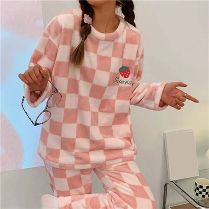 Autumn Winter Kawaii Cartoon Pajama Sets Women Pajamas Plaid Flannel Long Sleepwear Girl Pajama Night Suits Home wear PJ Suit
