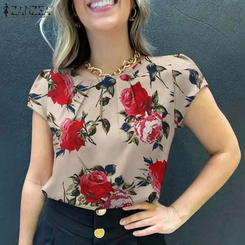 ZANZEA Summer Bohemian Short Sleeve Floral Printed Blouse Women Vintage Holiday Party Shirt Casual Beach Tops Tunic Bulses 2025