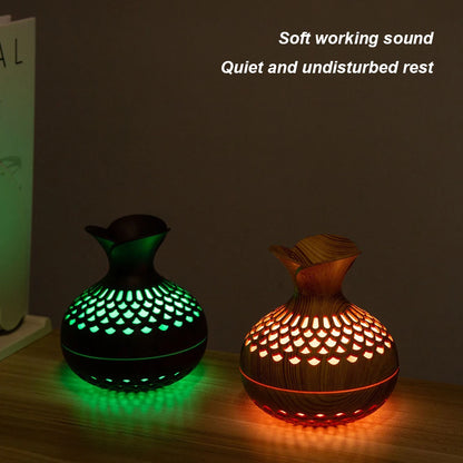 300ML Wood Grain Flower Humidifier Silent Aromatherapy Diffuser USB Rechargeable Mini Air Humidifier with Colorful Night Light