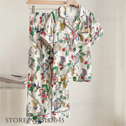 Fashion Print Flower 2PCS Pajamas Set Women Sleepwear Spring Summer Trouser Suits Lounge Wear Loose Satin Home wear Pajamas Suit