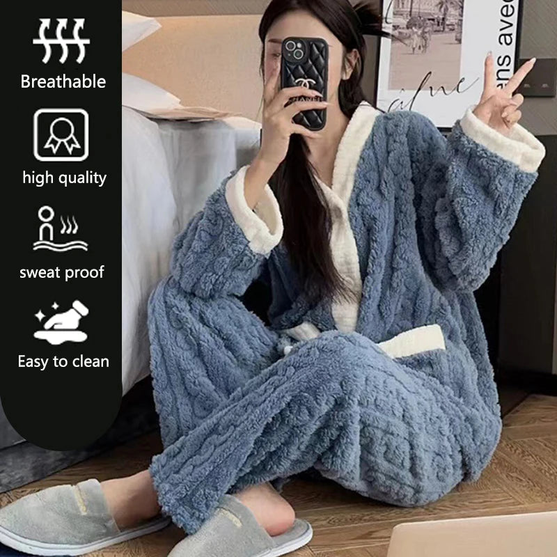 2pcs/Set Autumn And Winter Pajamas Women Thickened Padded Warm Students Coral Girls Clot Velvet Suit Home wear Cardigan Trousers