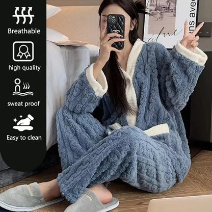 2pcs/Set Autumn And Winter Pajamas Women Thickened Padded Warm Students Coral Girls Clot Velvet Suit Home wear Cardigan Trousers