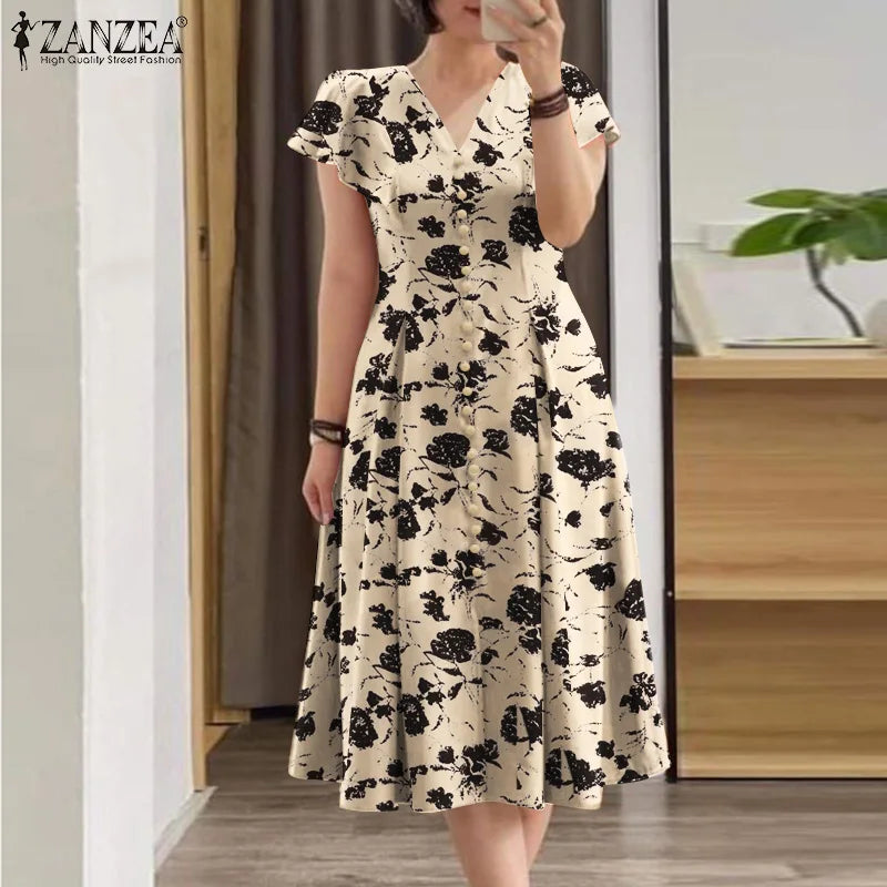 ZANZEA Fashion Floral Print Women Midi Dresses 2025 Summer Ruffle Sleeve V Neck A-line Vestido Casual Cinch Waist Party Sundress