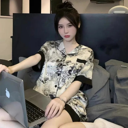 Plus Size Ins Cartoon Pajamas Set Korean Student Summer Internet Celebrity Girl Short Sleeve Shorts Thin Loose Home wear