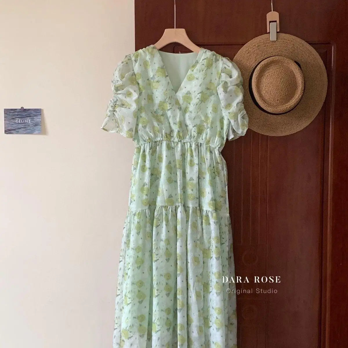 Cheap French Sweet Floral Dress Women V Neck Puff Sleeve Summer Chiffon Dress Summer Bohemian Print A-line Midi Dress In stock