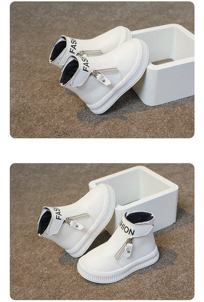 Children Fashion Boots Side Zipper Round-toe Kids Sport Boots Classic Solid Color Non-slip Boys Girls Leather Boots 2025 New