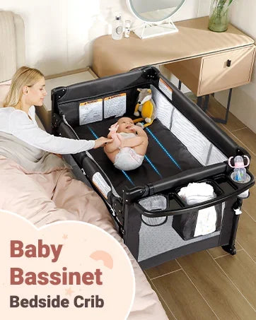 4 in 1 Wide Baby Bassinet Bedside with Diaper Changer, Long Next to Bed Crib with Mattress, Sheet, Music and Blackout Cover, Playpen
