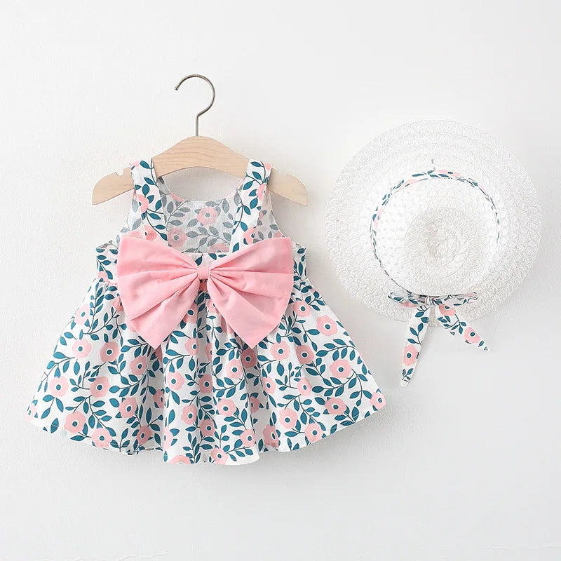 New In Summer Baby Girl Clothes Korean Cute Bow Dot Sleeveless Cotton Princess Dress+ Sunhat Toddler Dresses Sets BC007-1