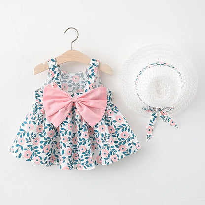 New In Summer Baby Girl Clothes Korean Cute Bow Dot Sleeveless Cotton Princess Dress+ Sunhat Toddler Dresses Sets BC007-1