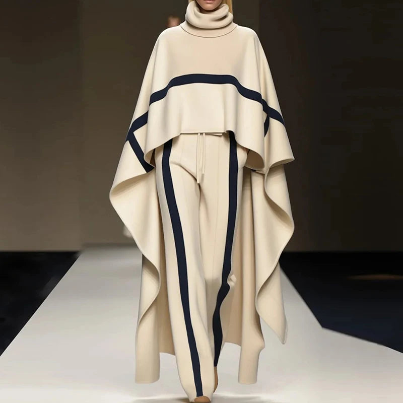 Casual Color Blocked Loose 2 Piece Set Fashion High Street Irregular Outfits 2025 Winter Lady Turtleneck Cloak Top + Pants Suit