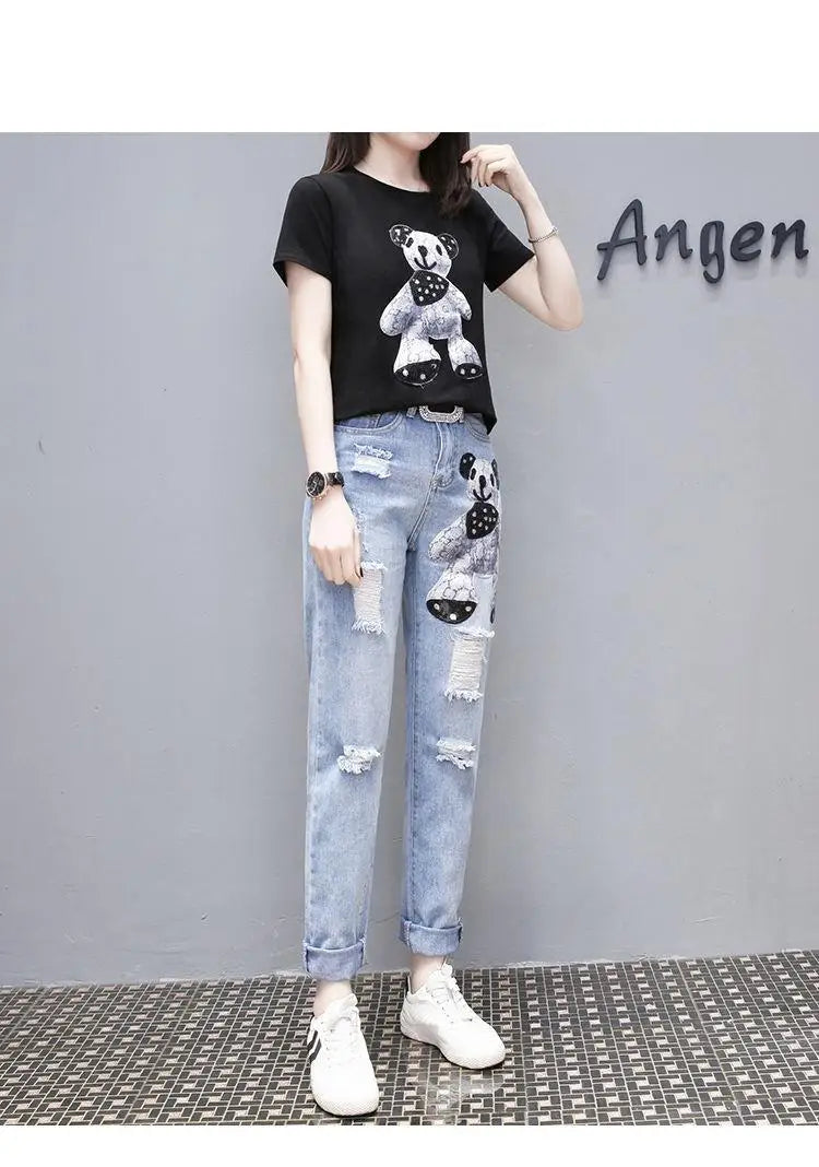 Cartoon Print Short Sleeve T-shirt Perforated Jeans Two Piece Elegant Women's Pants Set Summer Outfit Leisure Sports Suit