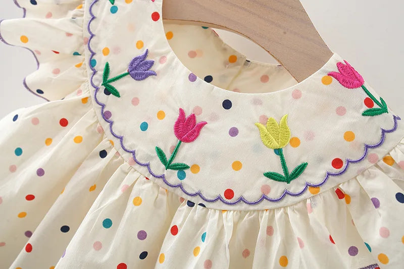 Cotton Baby Dress Flower Embroidery Comfortable Baby Dress Colorful Polka Dot Printed Dress
