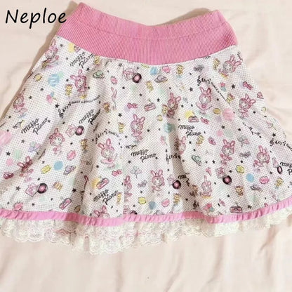 Neploe Harajuku Kawaii Vintage Print Lace Skirts Y2k High Waist Ruched Cake Skirt for Women 2025 Summer New Faldas Mujer