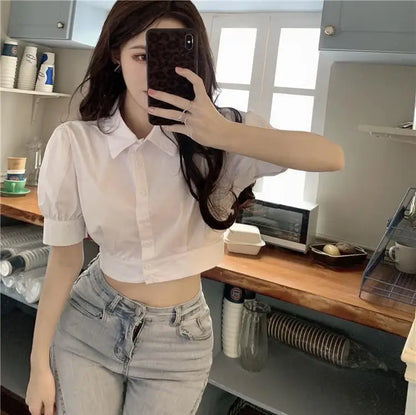 Korean Fashion Women's Shirt Summer Elegant Youth Blouses Clothes Preppy Puff Sleeve White Shirts Cropped Cute Top 2025