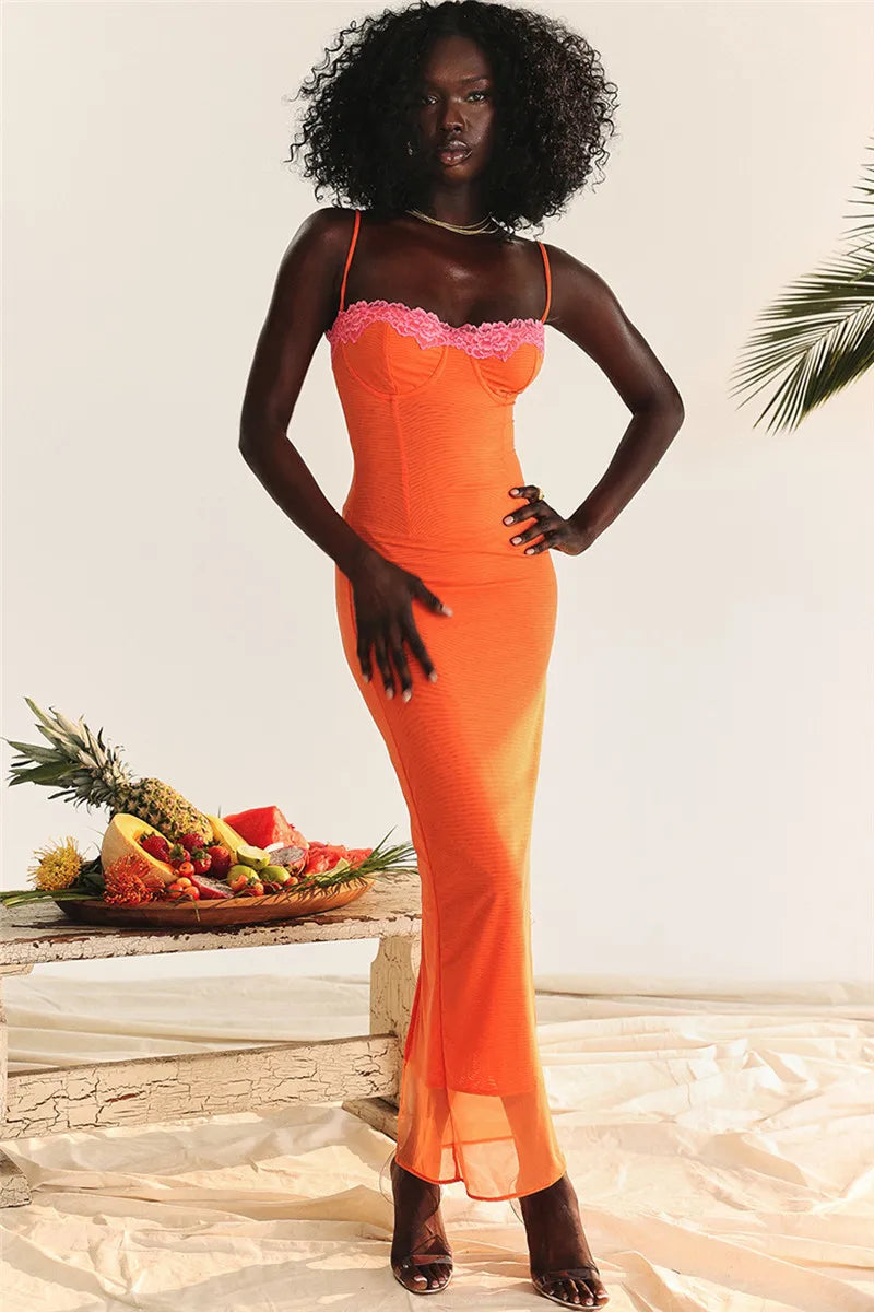 Mozision Lace Spaghetti Strap Bodycon Maxi Dress Women Robe New Patchwork Strapless Sleeveless Backless Sexy Club Party Dress