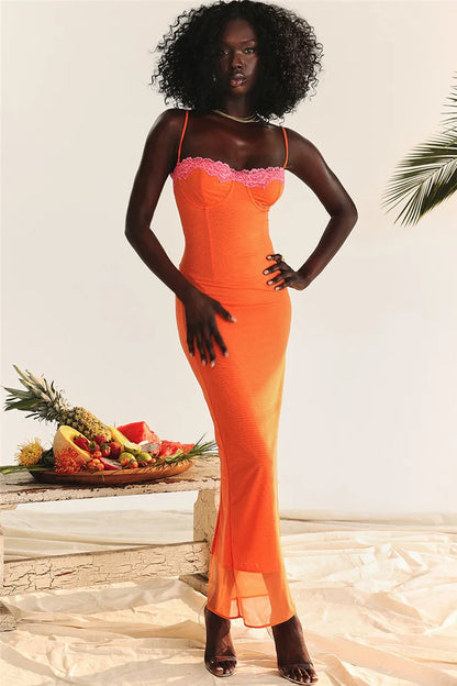 Mozision Lace Spaghetti Strap Bodycon Maxi Dress Women Robe New Patchwork Strapless Sleeveless Backless Sexy Club Party Dress