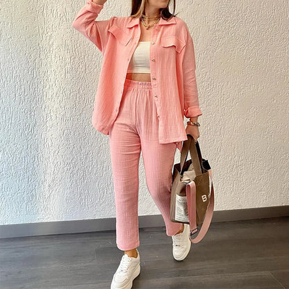 Summer outfits for women 2025 New Loose Button Long Sleeve Shirt and Cropped Pants Casual Sports Summer women's suit Pants Set