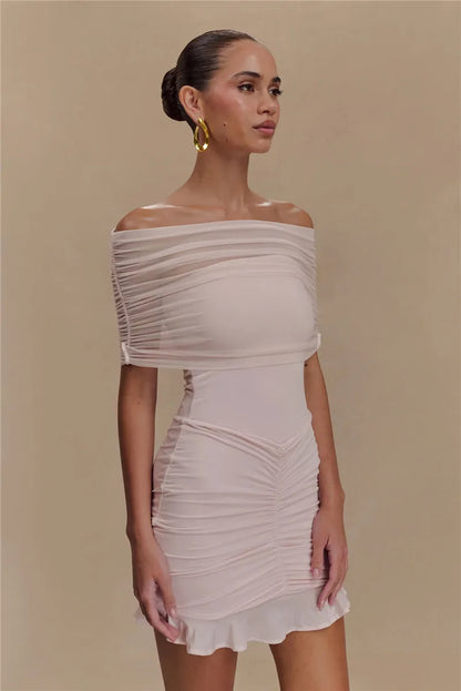 Mozision Mesh Strapless Off-shoulder Sexy Ruffled Mini Dress For Women Fashion Backless High Waist Female Ruched Party Dress