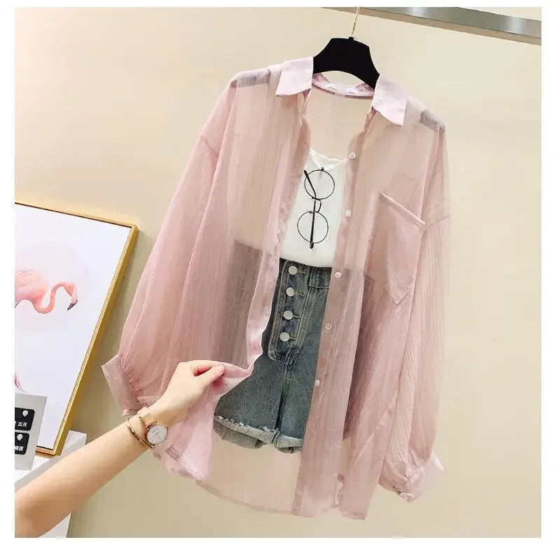 Shirts Women Sheer Thin Chic Summer Simple Solid Sun-proof Temper Fashion Baggy All-match Basic Korean Style Clothes
