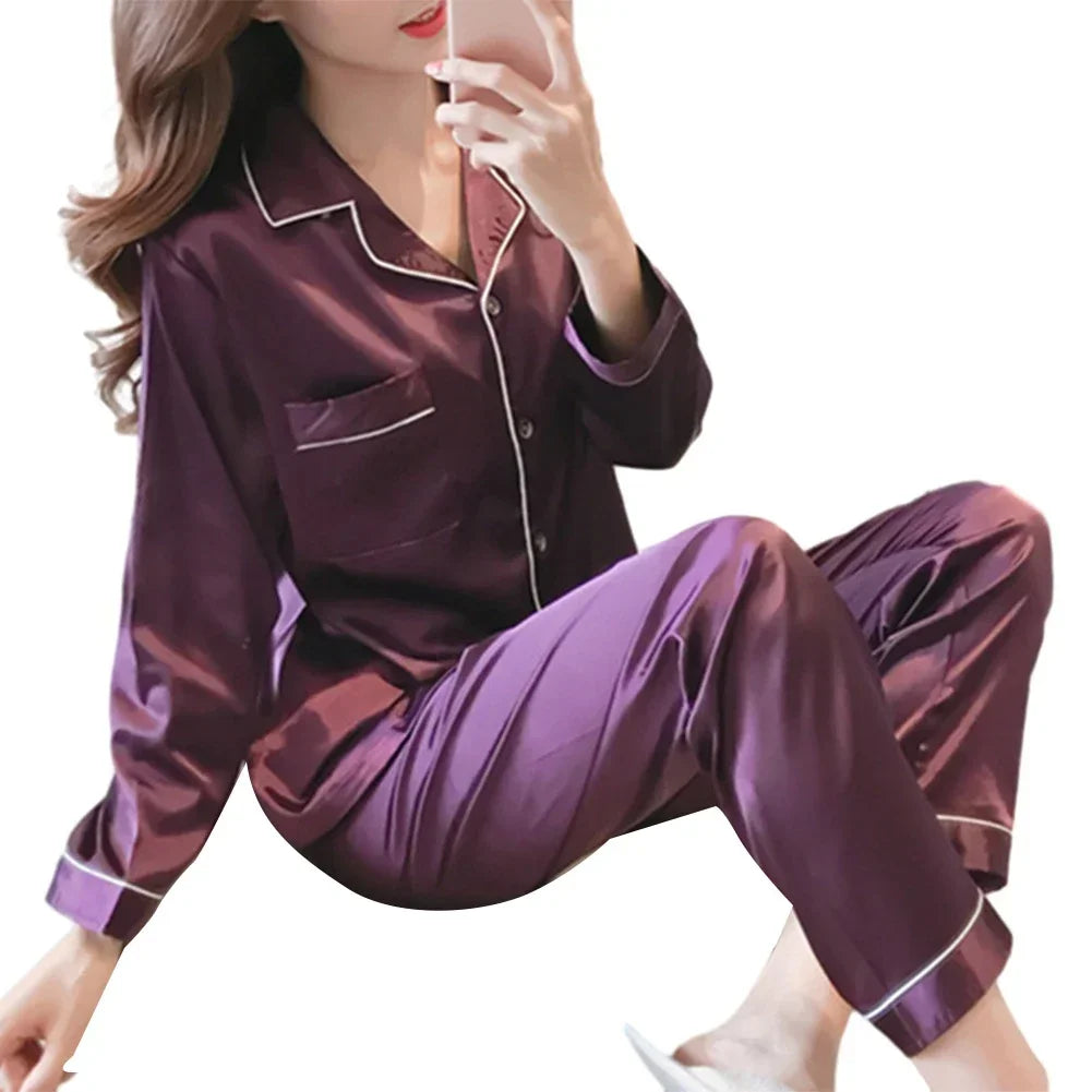 Women Satin Long Sleeve Pajama Set Lapel Top And Pants Solid Pajamas Loungewear 2025 New Arrival Drop-shipping