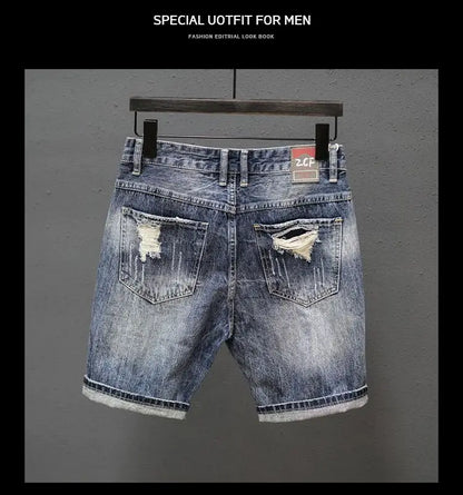 Fashion Vintage Korean Men's Summer Denim Shorts with Distressed Holes Slim Fit Distressed Holes Designer Luxury Clothing Men