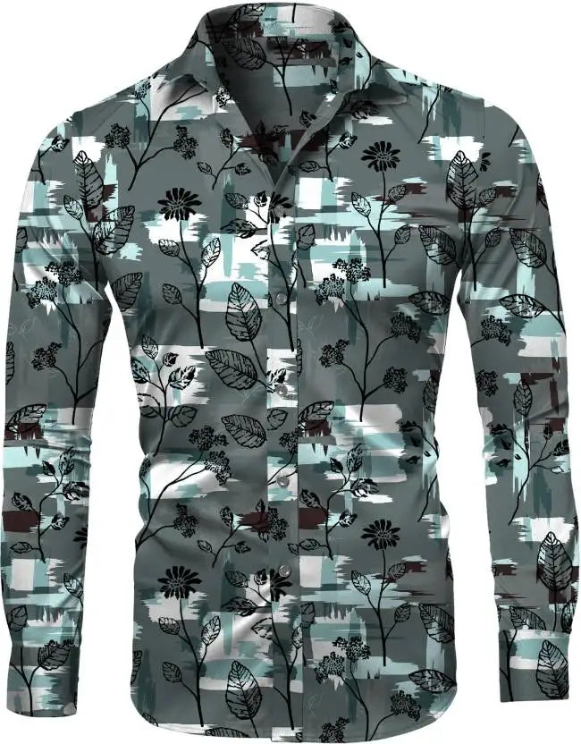 Fashion Irregular Plaid Flower Print Men's Long Sleeve Shirt Casual Party Street Hawaiian Polo Collar Shirt