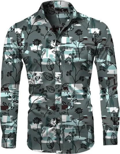 Fashion Irregular Plaid Flower Print Men's Long Sleeve Shirt Casual Party Street Hawaiian Polo Collar Shirt