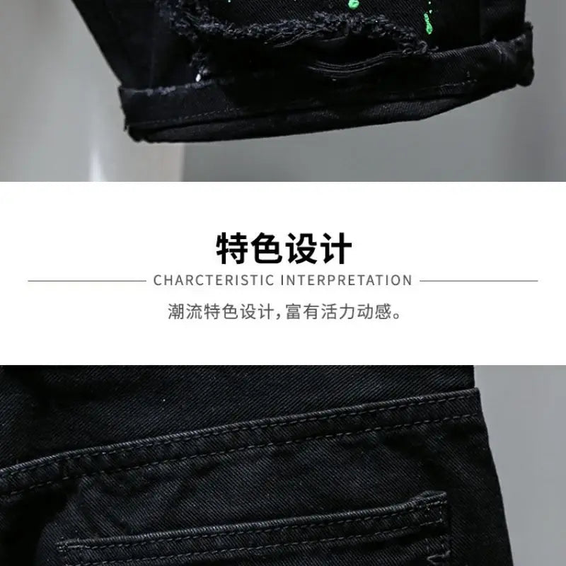Fashion Summer New Casual Denim Jeans Knee Length Shorts for Men Black Cowboy Low Rise Ripped Holes Boyfriend Men's Denim Shorts