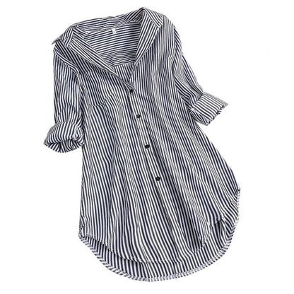 M-4XL Women Tunic Shirt Striped Long-sleeves V Neck Mid Long Turn-down Collar Loose Fit Casual Summer Elegant Ladies Blouse Top