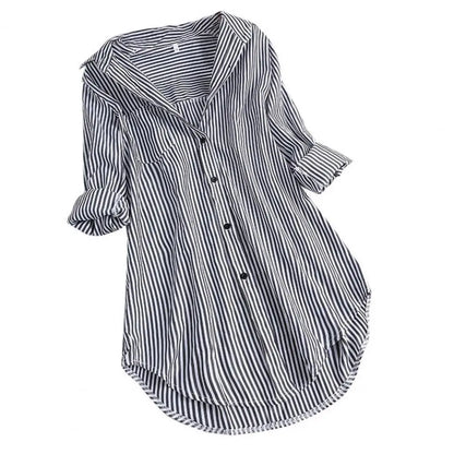 M-4XL Women Tunic Shirt Striped Long-sleeves V Neck Mid Long Turn-down Collar Loose Fit Casual Summer Elegant Ladies Blouse Top