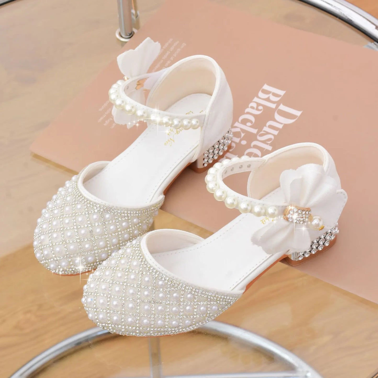 Rhine stones Princess Party Shoes Shiny Crystal Bow White Children High Heels Girls Sandals Summer Kids Student Performance Shoes