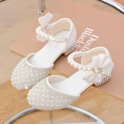 Rhine stones Princess Party Shoes Shiny Crystal Bow White Children High Heels Girls Sandals Summer Kids Student Performance Shoes