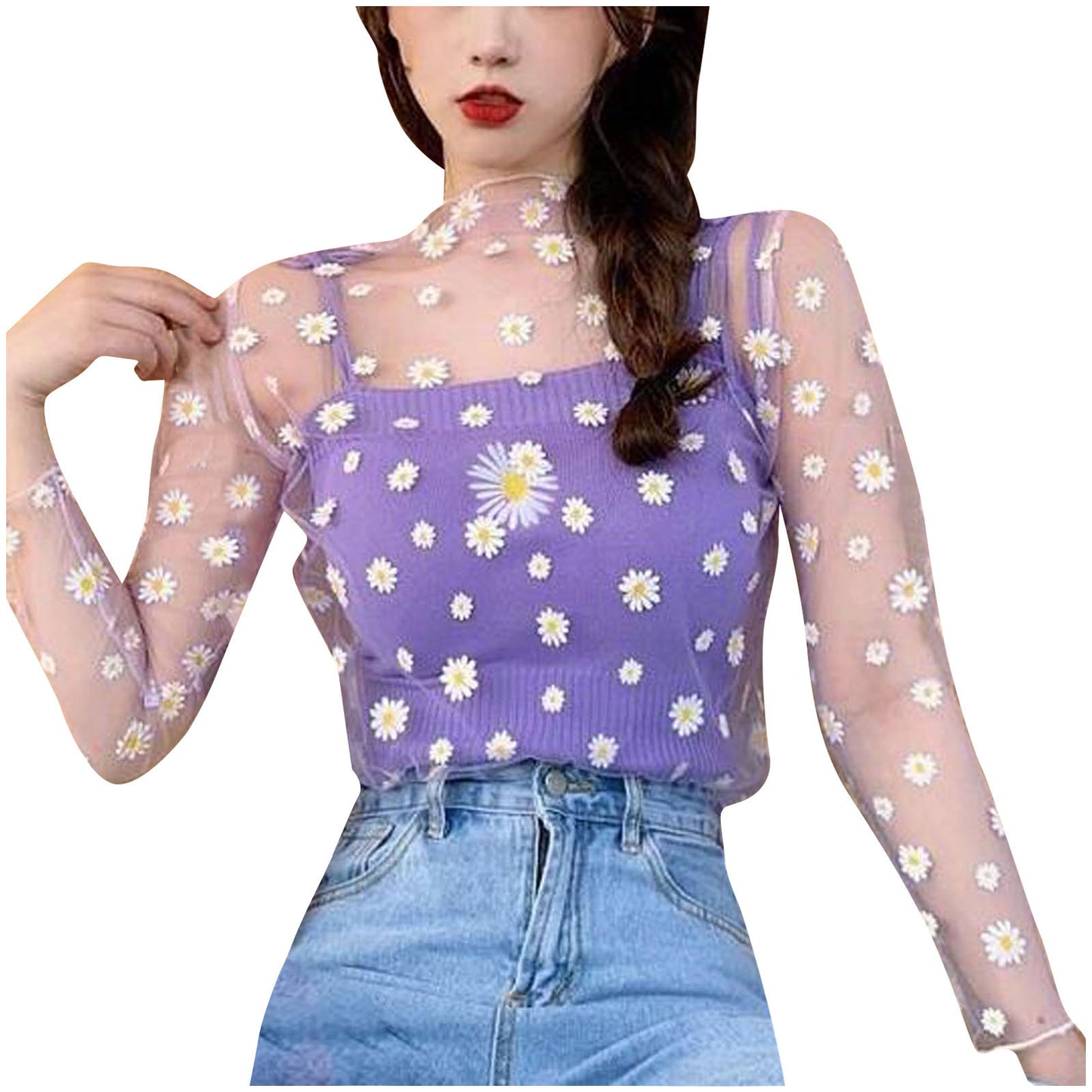 Women Daisy Print Lace Sheer Tops Sexy Tees Long Sleeve Thin Mesh Shirts Fashion Ladies Top 2025 Summer Sunscreen Blouse