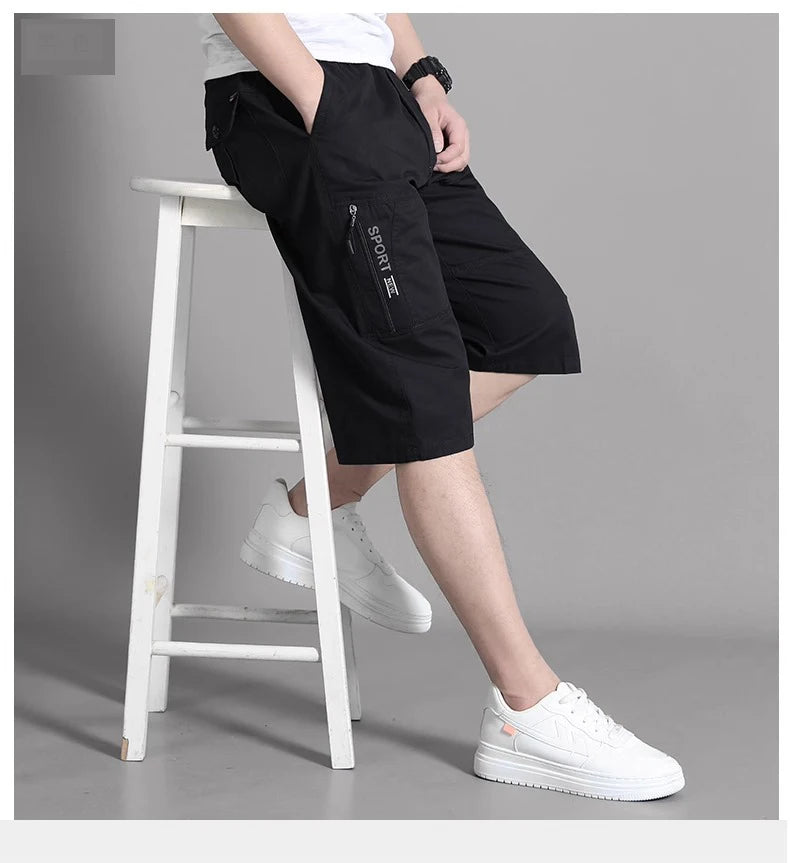 Men's Cargo Shorts Knee Pants Zipper Pocket Summer Cotton Shorts Climbing Jogger Elastic Waist Sports Wear