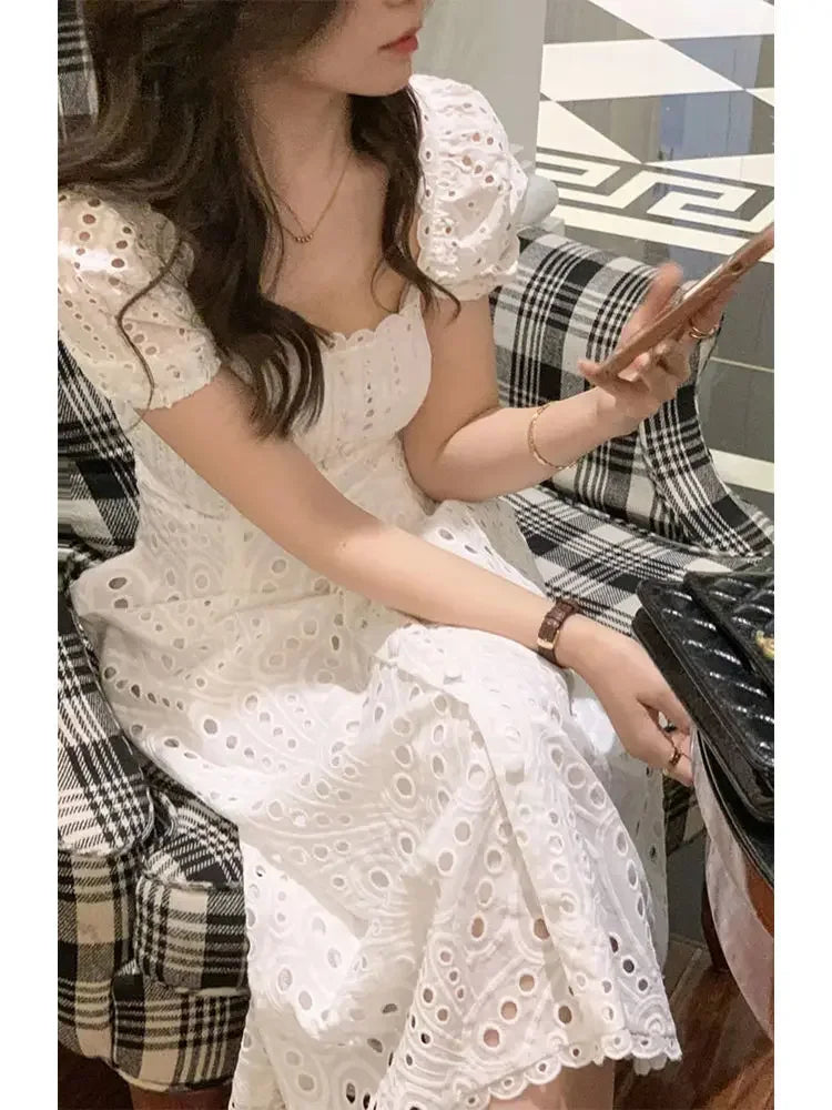 Summer Elegant Korean Chic White Midi Dress Women French Hollow Out Sexy Kawaii Vestidos De Fiesta Fashion Short Sleeve Dress