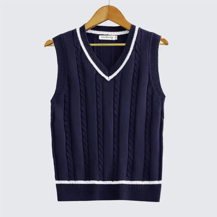Striped White Knitted Sweaters for Men Blue Sleeveless Man Clothes V Neck Vest Red Waistcoat Jumpers Sweat-shirt Cotton