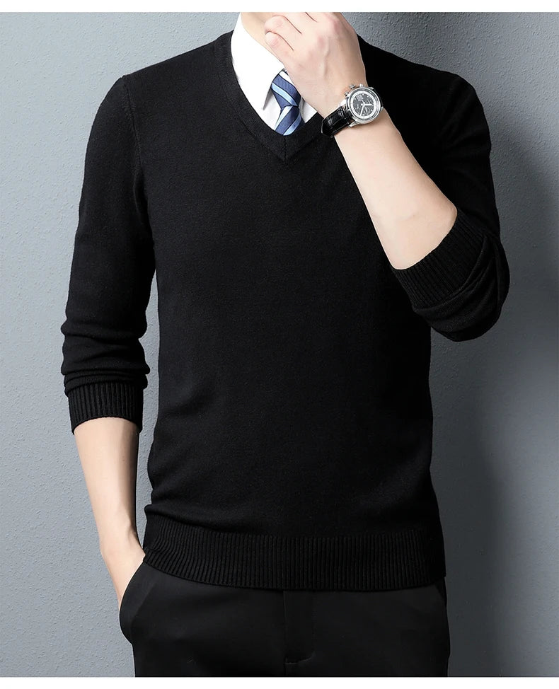 Men's Sweater Fashion Solid Color Warm Sweater Business Casual Heart Neckline Sweater Pullover Men