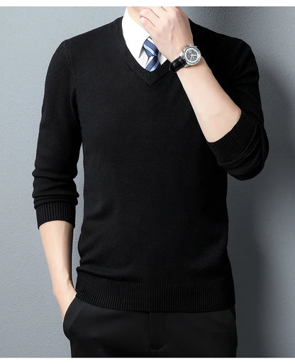 Men's Sweater Fashion Solid Color Warm Sweater Business Casual Heart Neckline Sweater Pullover Men